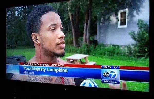Television news broadcast graphic showing a local man named YourMajesty Lumpkins interviewed outside.
