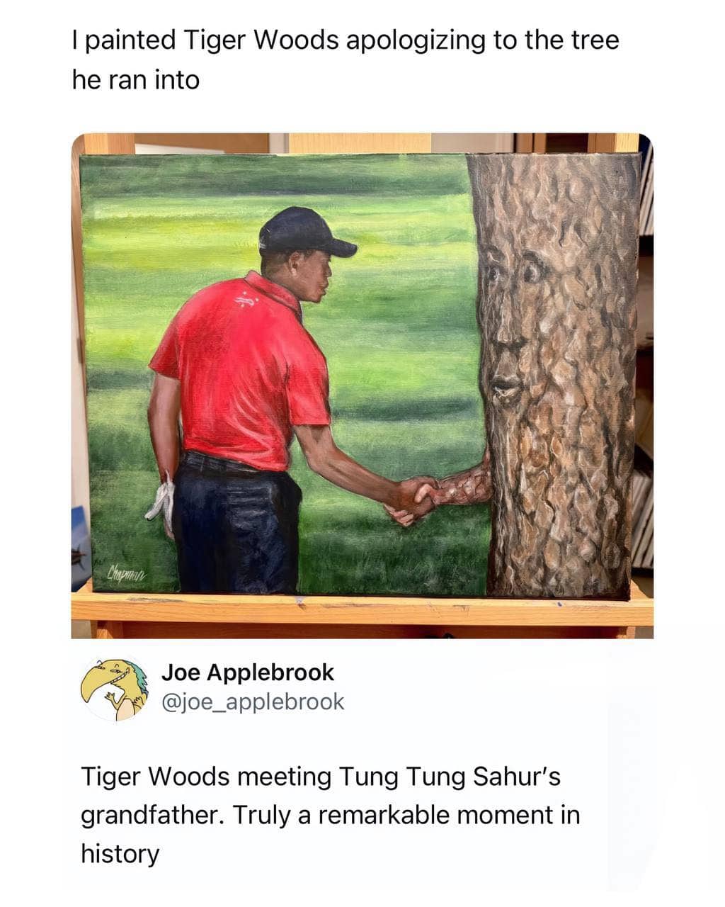 Painting of Tiger Woods shaking hands with a tree creature possessing a human face.