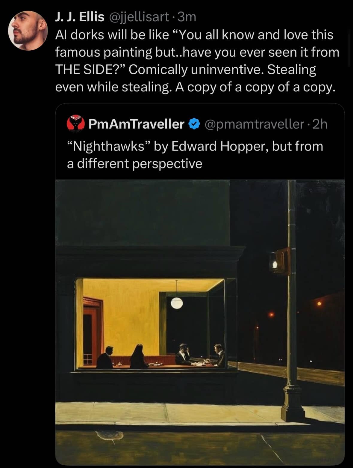 Tweet criticizing AI generated versions of Edward Hopper's classic painting titled Nighthawks from different perspectives.