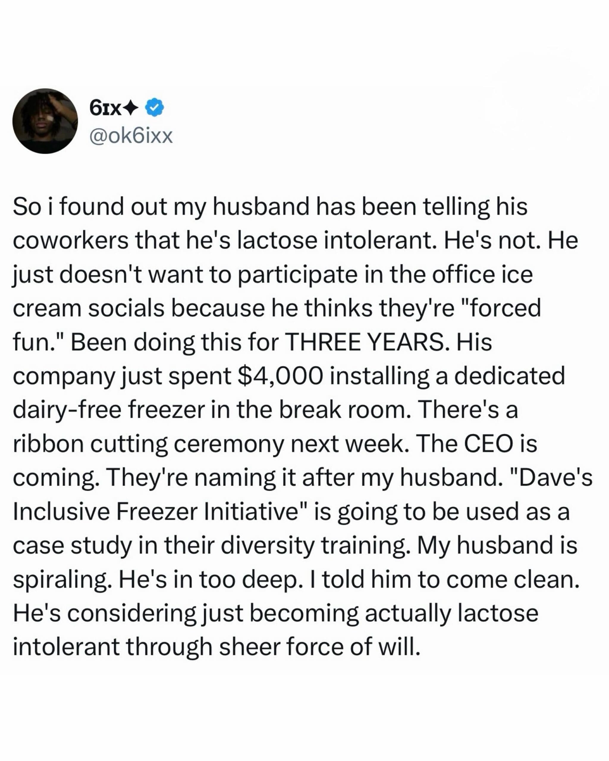 Screenshot of a long text post recounting a husband's elaborate lie about being lactose intolerant.