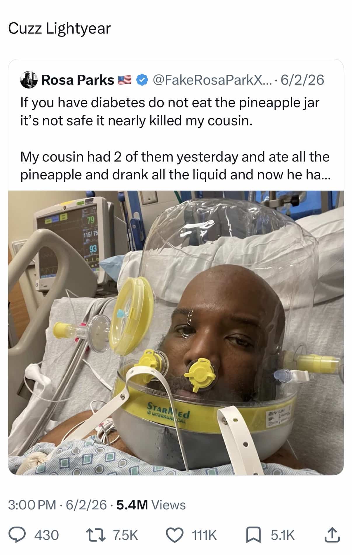 Funny hospital medical meme about drinking too much pineapple juice resulting in looking like Buzz Lightyear.