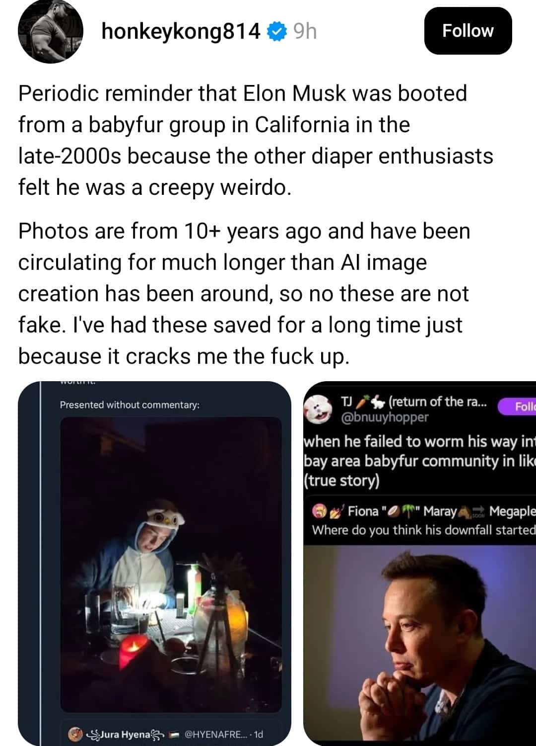 Funny memes social post sharing rumors and old photos regarding Elon Musk and weird communities.