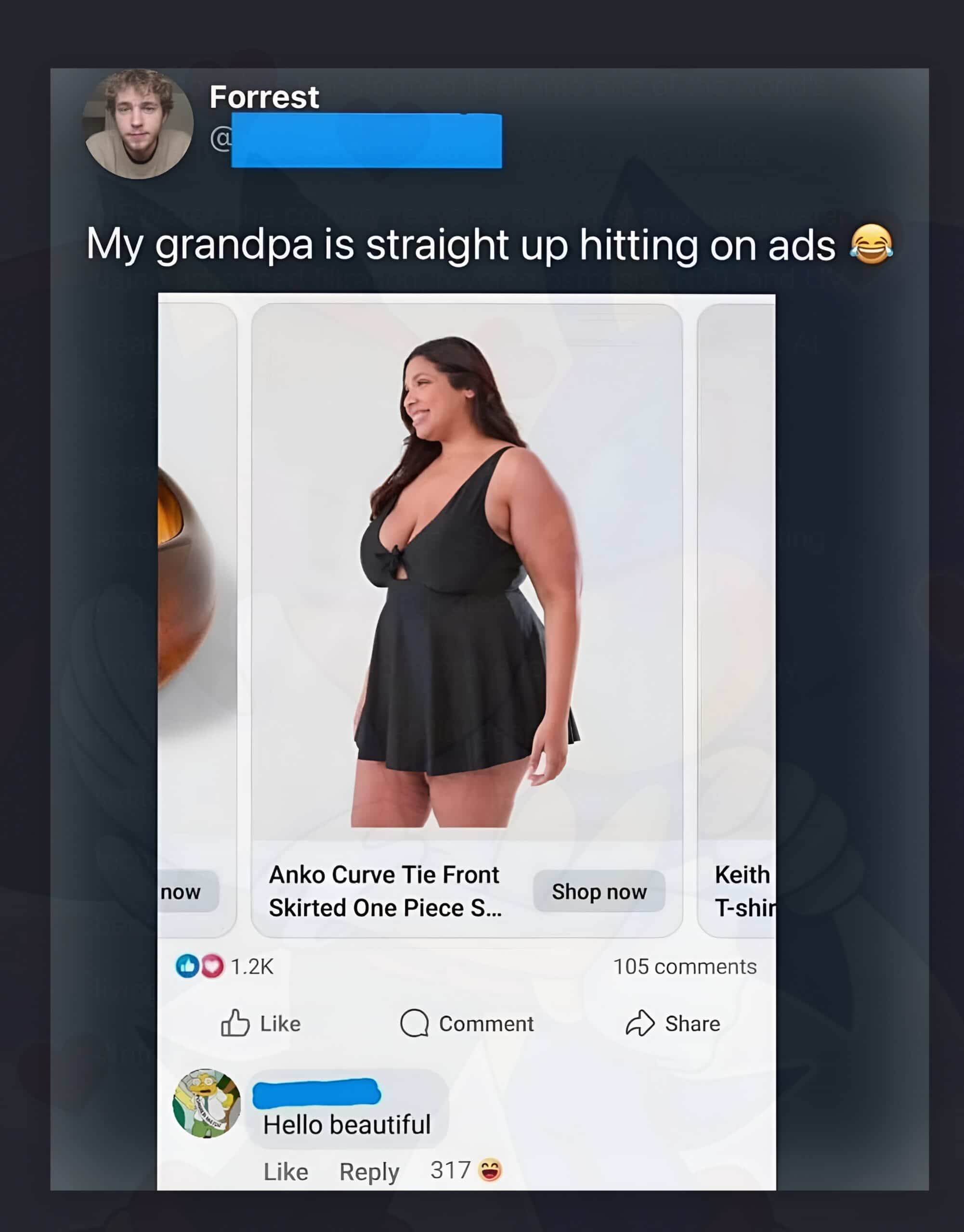 Funny social media post of a grandpa leaving flirtatious comments on swimsuit advertisements.