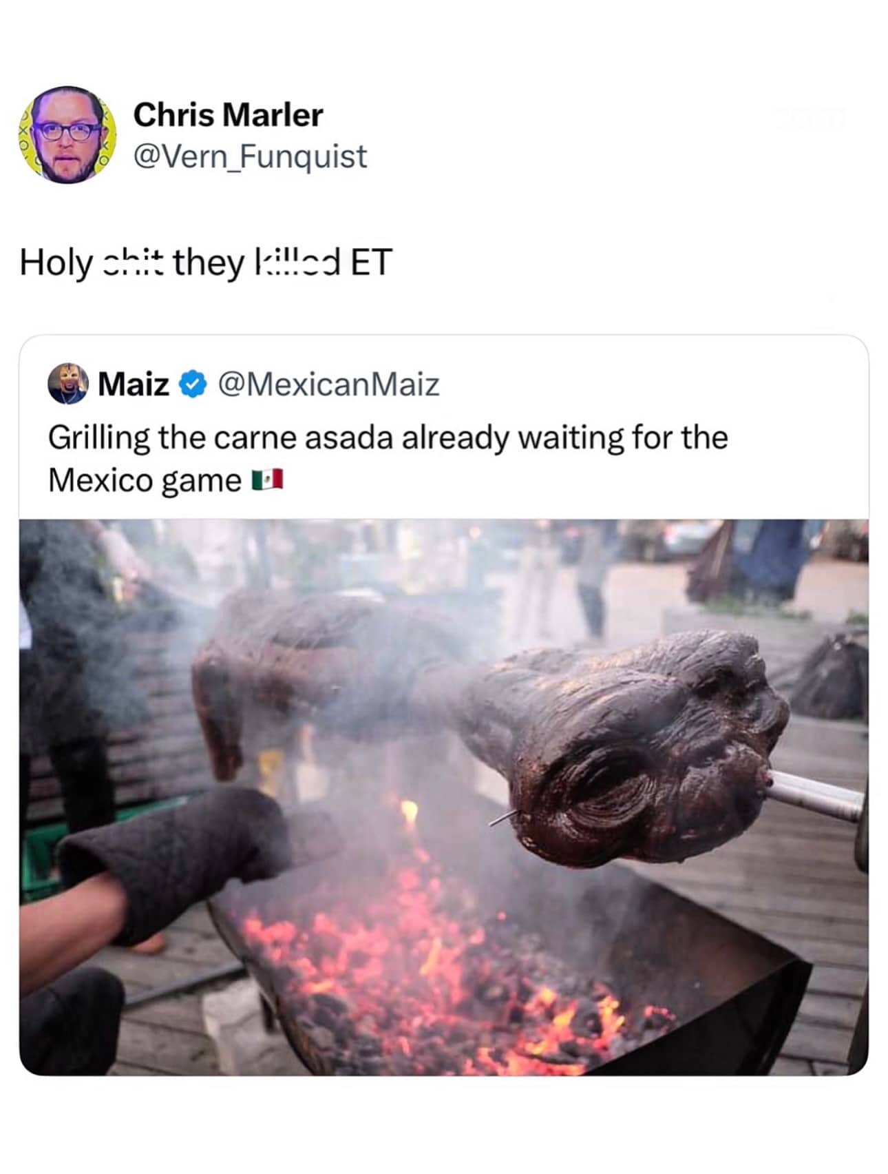 Twitter meme comparing a whole roasted animal on a spit to the alien E.T.