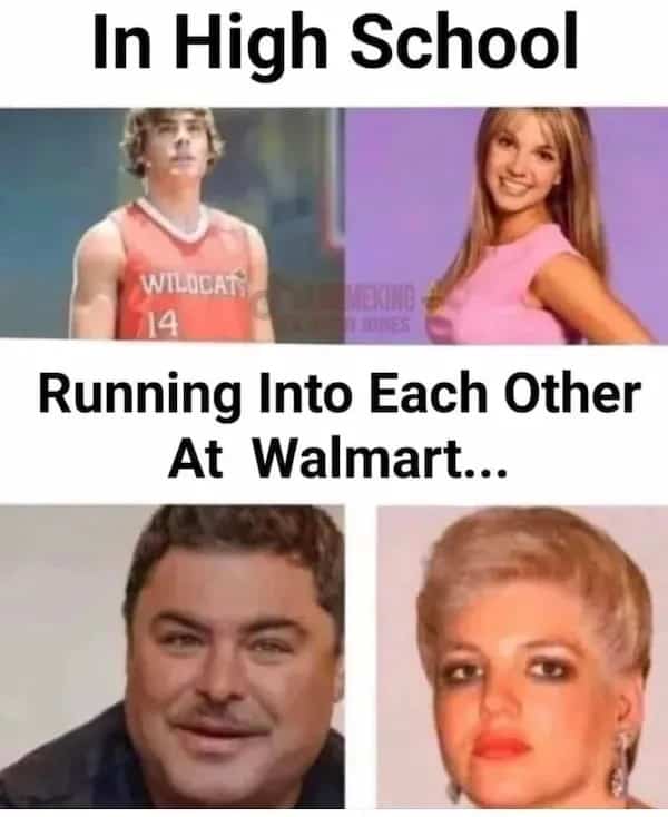 Funny aging comparison meme showing High School Musical stars looking much older while running into each other.