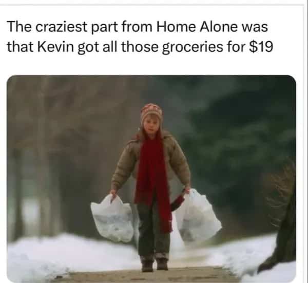 Funny movie nostalgia meme highlighting how cheap Kevin's large grocery bill was in the movie Home Alone.
