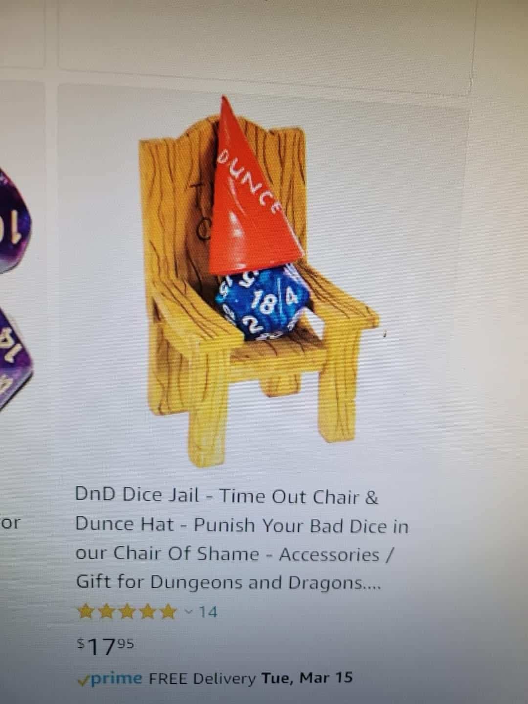 Funny memes product listing for a Dungeons and Dragons tabletop dice jail chair with dunce hat.