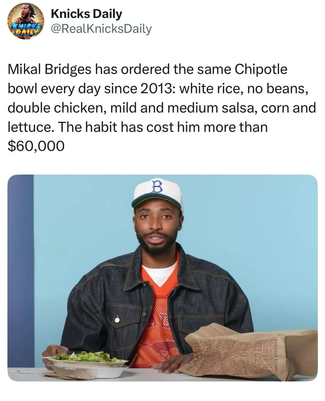 Funny memes sports post reporting basketball player Mikal Bridges spent over sixty thousand dollars on Chipotle.