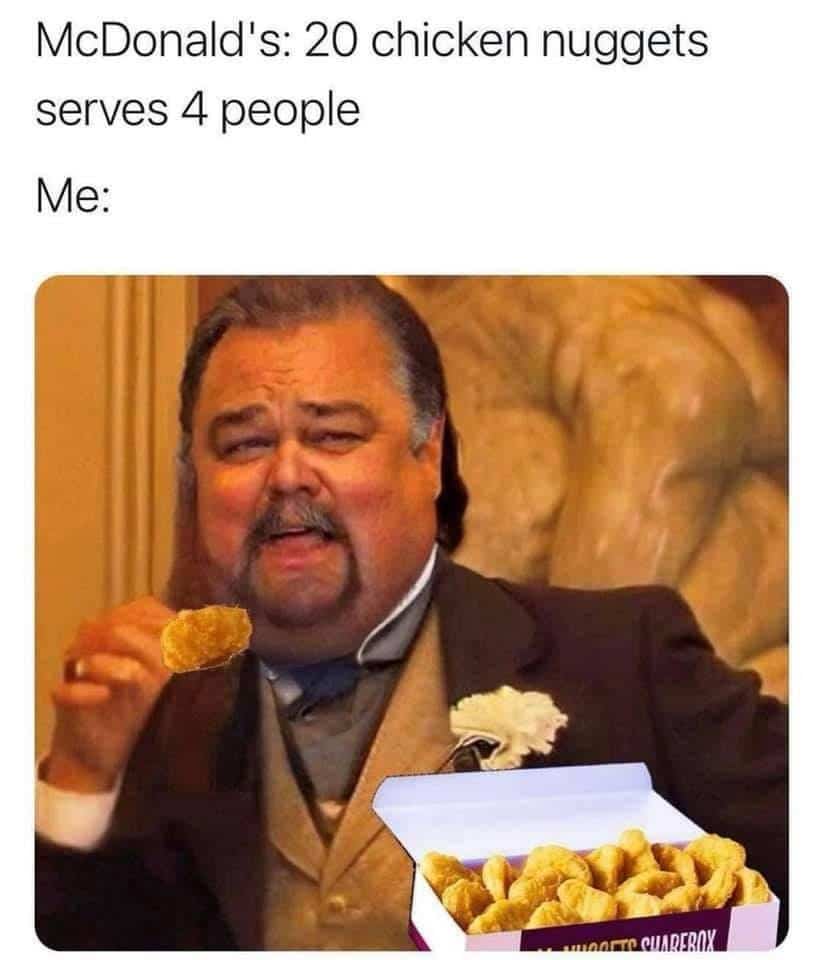Funny movie edit meme using Leonardo DiCaprio to joke about eating a twenty pack of chicken nuggets.