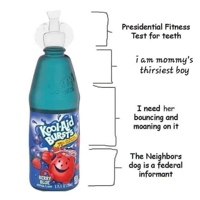 : Funny memes diagram labeling stages of drinking a Kool-Aid Bursts bottle with absurd humor.