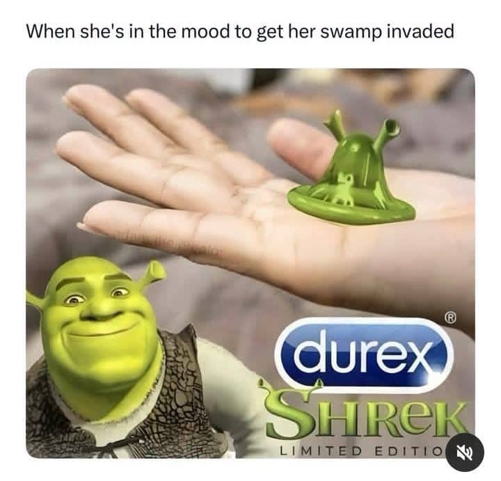 Adult joke meme featuring a Shrek themed green Durex condom held in a hand.