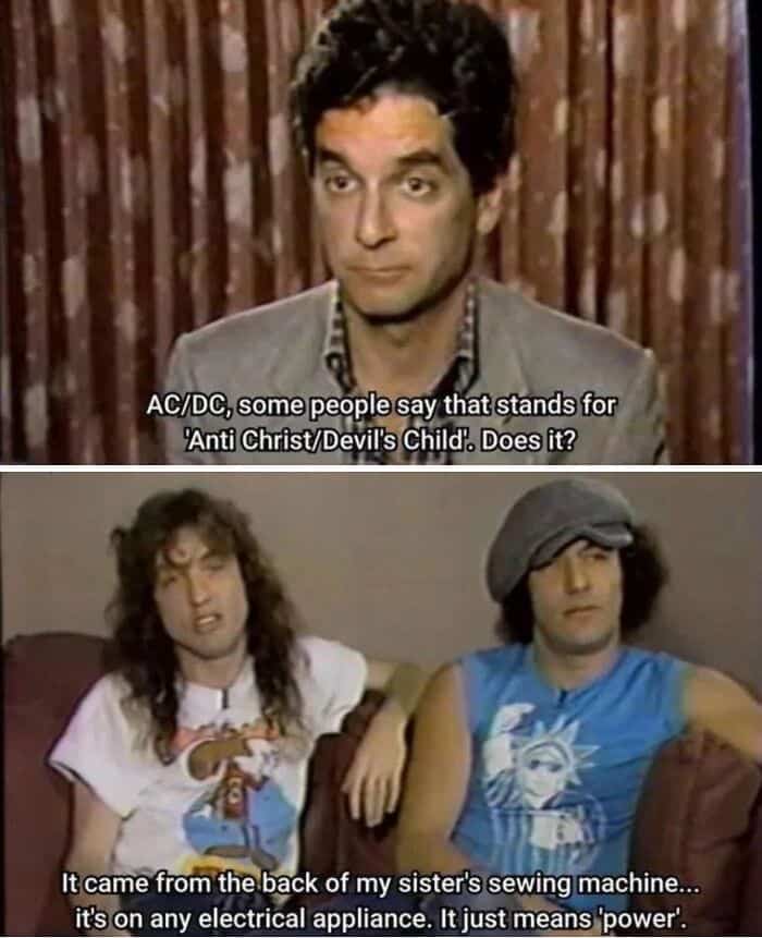 Funny AC/DC interview meme clarifying their band name originates from a sister's sewing machine.