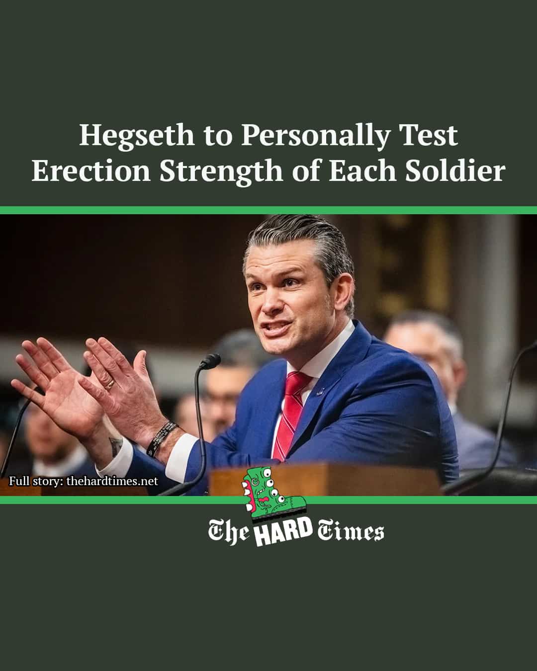 Satirical news article headline about military leadership testing soldiers in a funny meme.