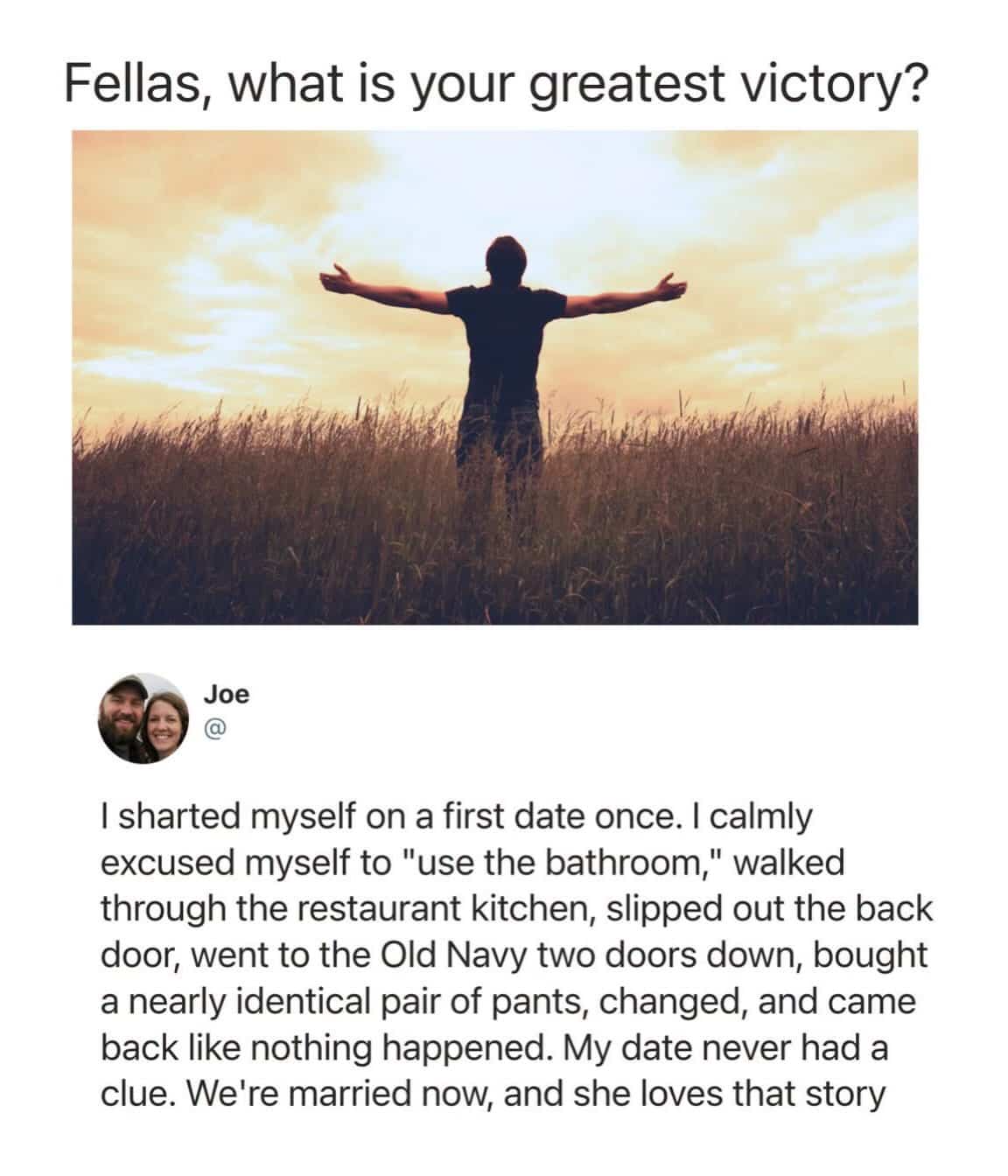 Relatable story tweet about buying replacement pants on a first date funny meme.