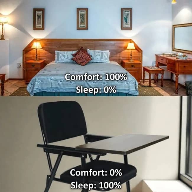 Two-panel meme comparing comfort levels versus sleep success between a cozy bed and a school desk chair.