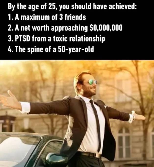 Sarcastic millennial milestones meme detailing unrealistic achievements by the age of twenty-five.