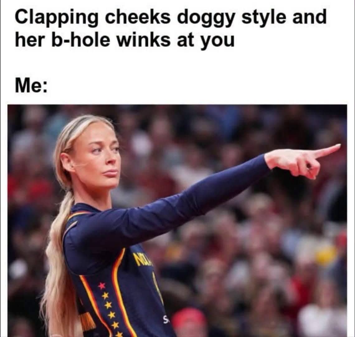 Meme featuring Cameron Brink pointing outward with funny adult text regarding intimate encounters.
