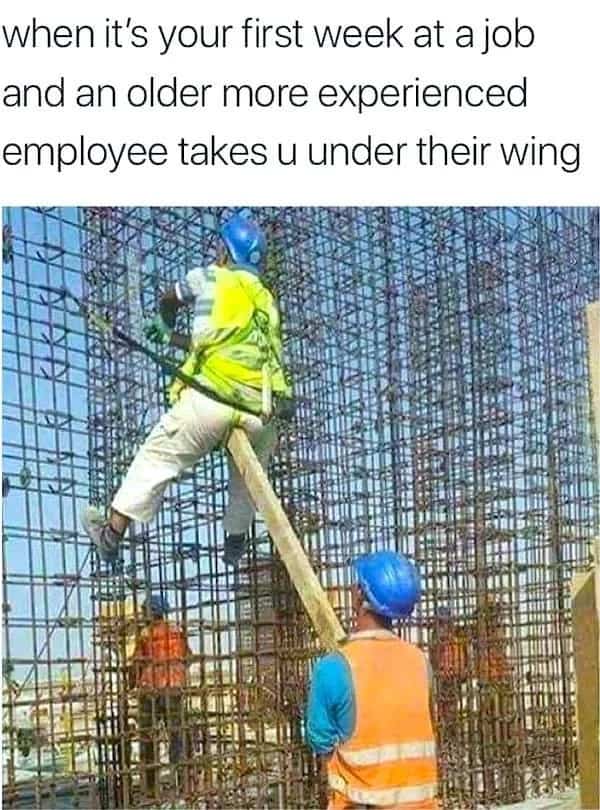 Funny workplace meme showing construction workers using a wooden plank for support at work.