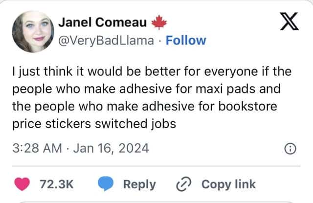 Funny tweet meme proposing adhesive creators for price stickers and maxi pads swap job roles.