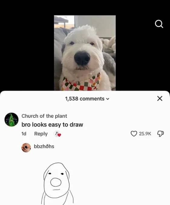 Wholesome social media comment meme showing a crude sketch of a white dog.