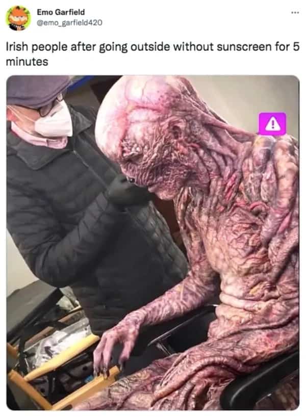Funny meme comparing sunburned skin to Vecna from Stranger Things without sunscreen outdoors.