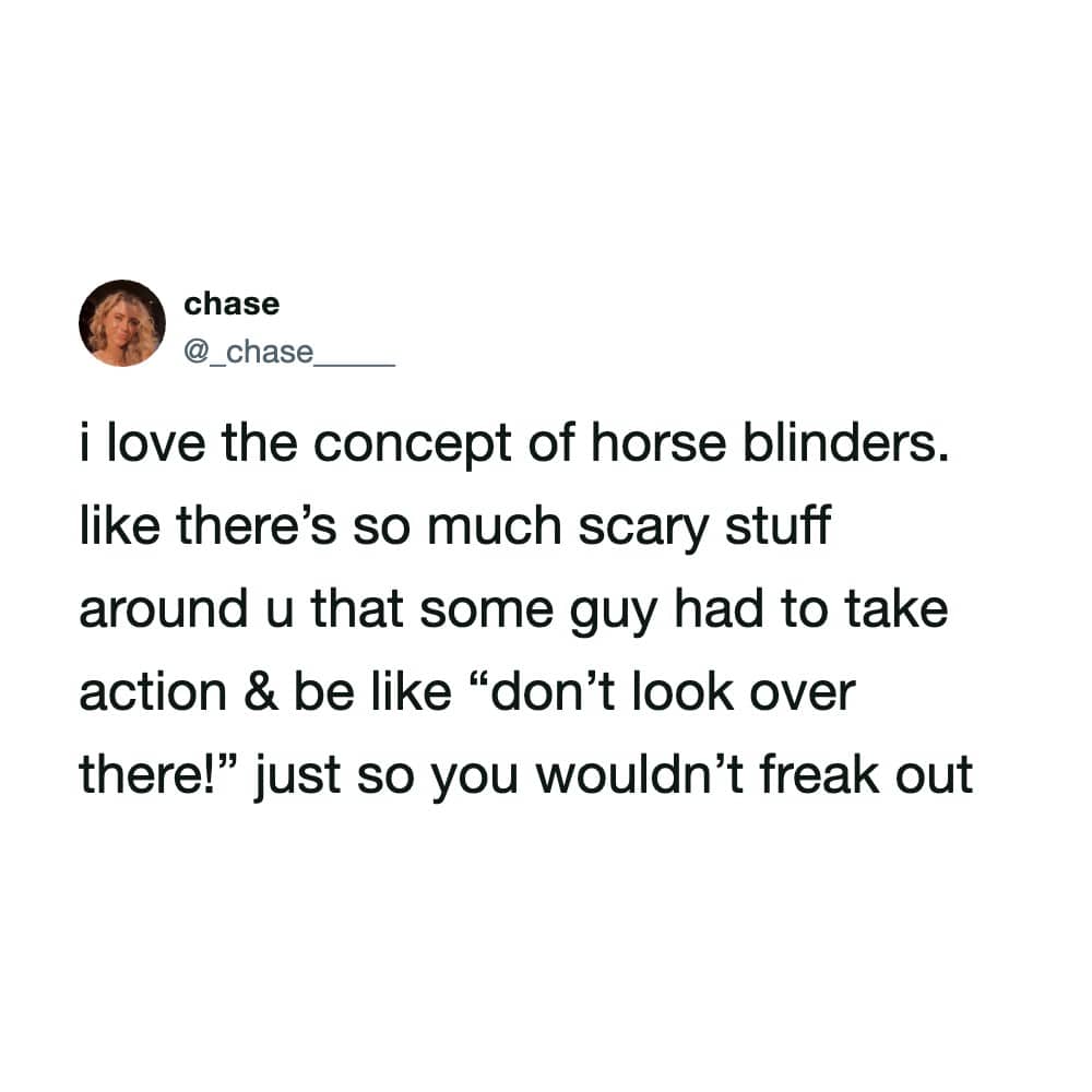 Humorous text post sharing a funny realization about the psychological concept of horse blinders.