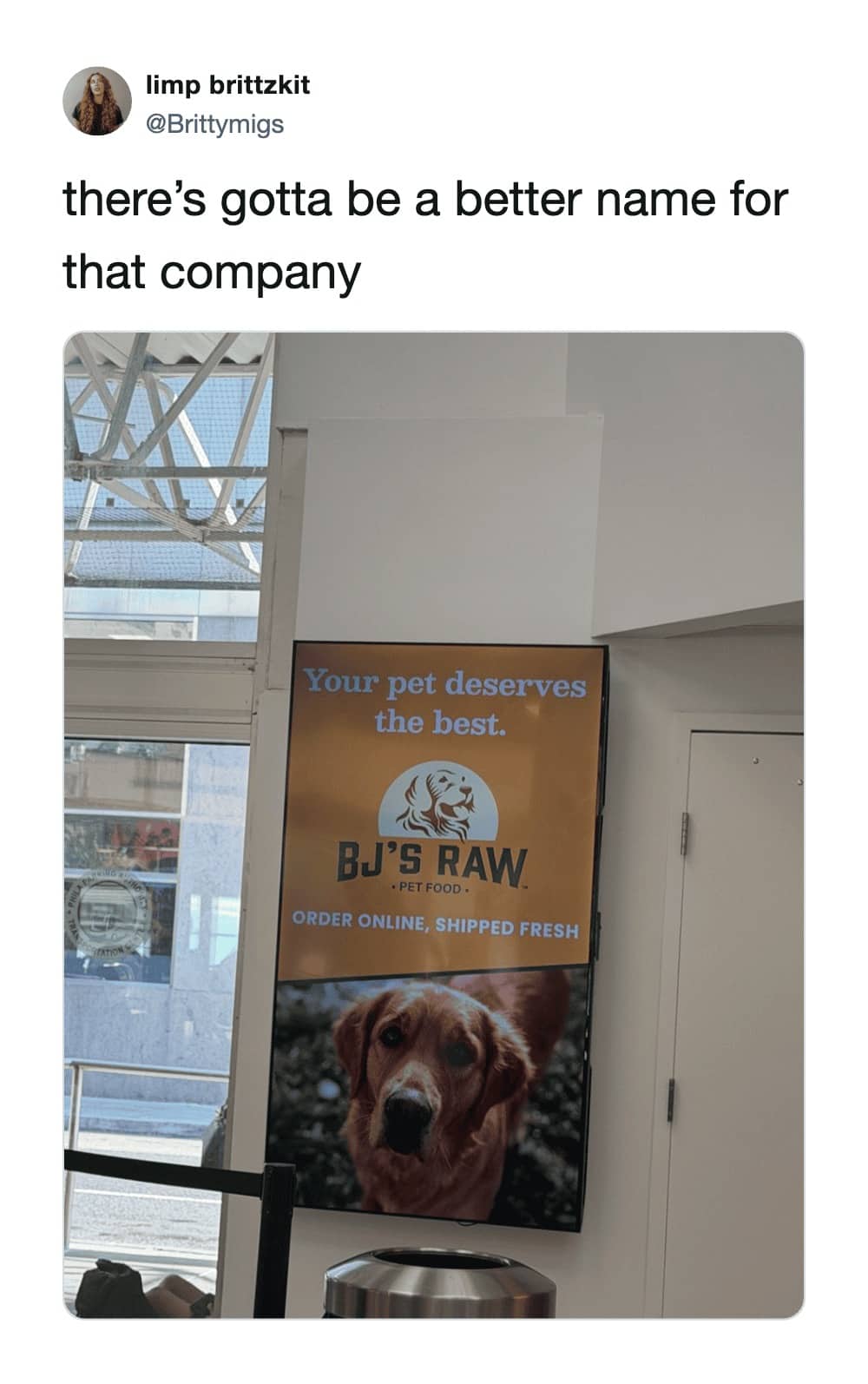 Unfortunate company branding meme featuring a pet food digital sign named BJs Raw Pet Food.