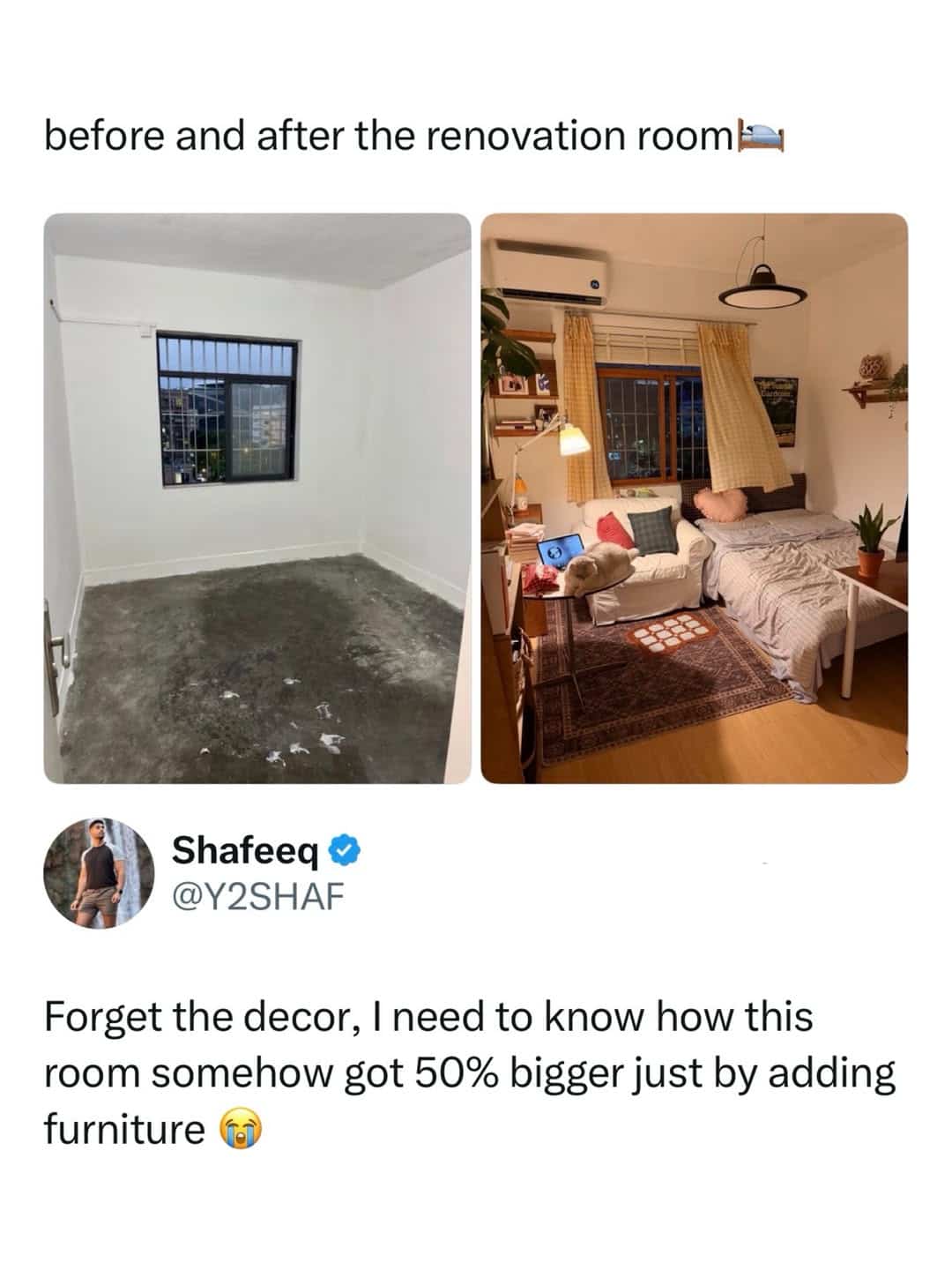 Before and after bedroom renovation photo comparison post featured in a funny meme.