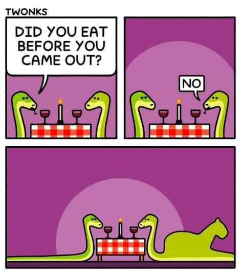 Funny three panel snake comic showing a snake who swallowed a whole cat before dinner.