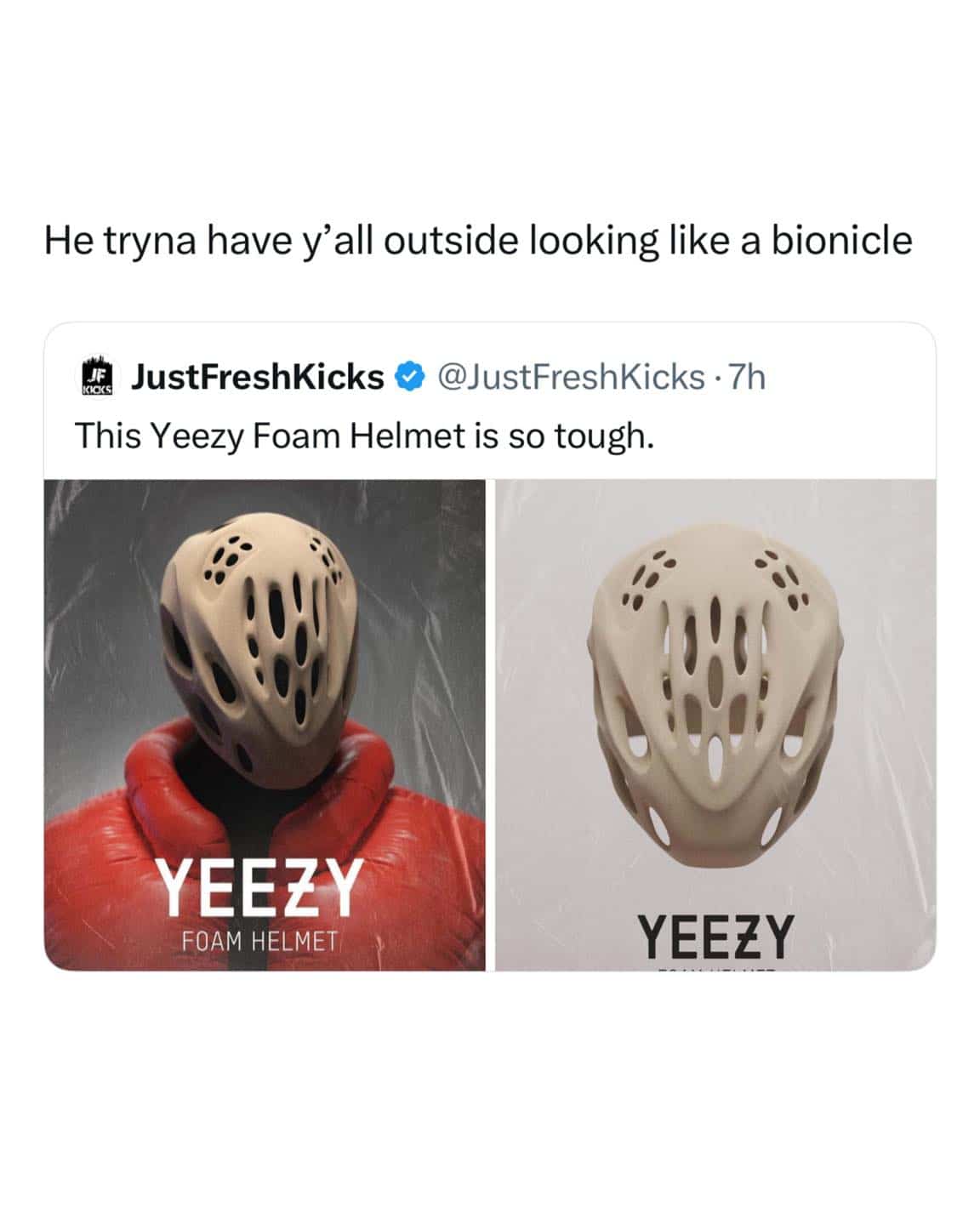 Funny meme post mocking a Yeezy foam helmet design comparing it to Bionicle.