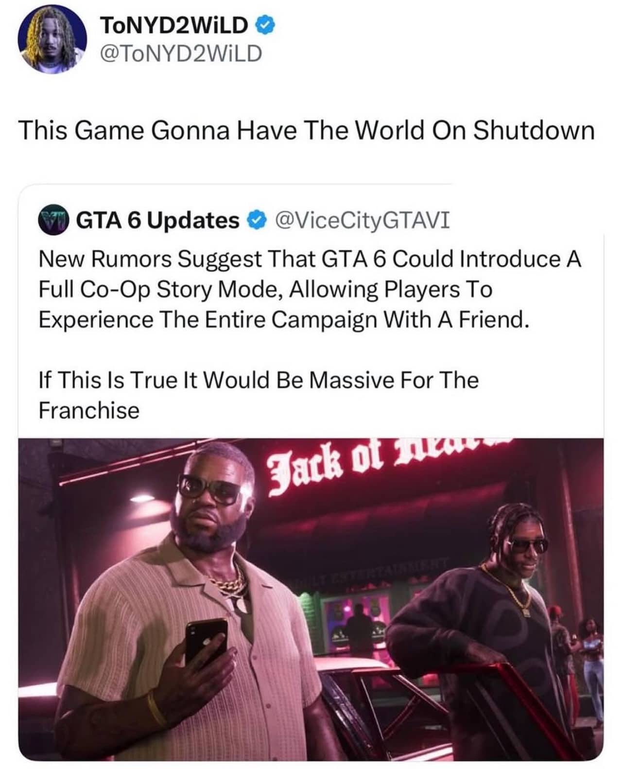 Social media post discussing rumors of a co-op campaign mode feature in Grand Theft Auto VI.