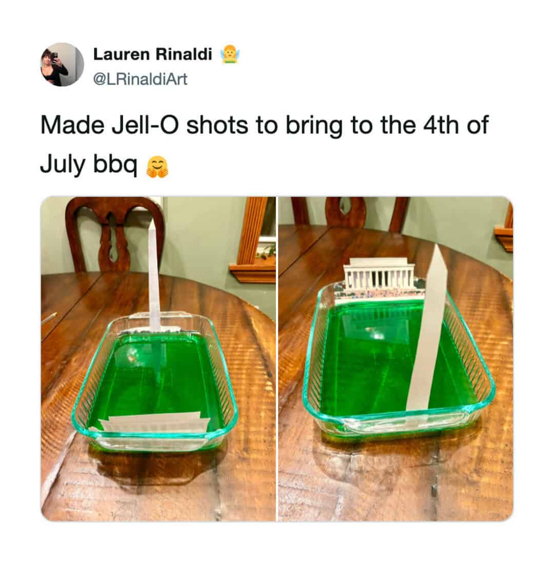 Green gelatin reflecting pool with a white paper Washington Monument for Fourth of July.