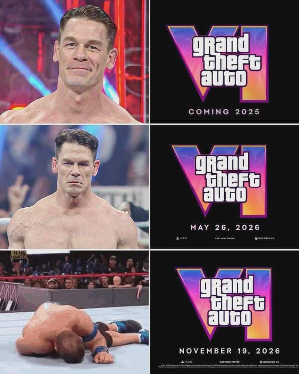 Three panel meme showing wrestler John Cena progressively getting beaten up over changing GTA 6 release dates.
