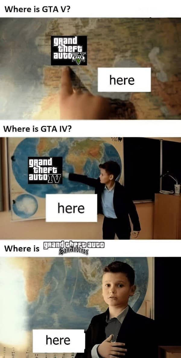 Three-panel meme comparing map locations of classic games to San Andreas being held close to the heart.