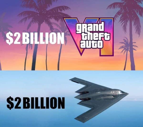 Split panel comparing a 2 billion dollar military stealth bomber to the massive budget of GTA 6.