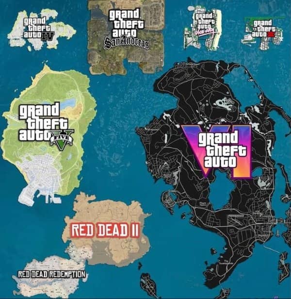Map comparison graphic putting previous Rockstar titles inside the massive scale of the GTA 6 map.