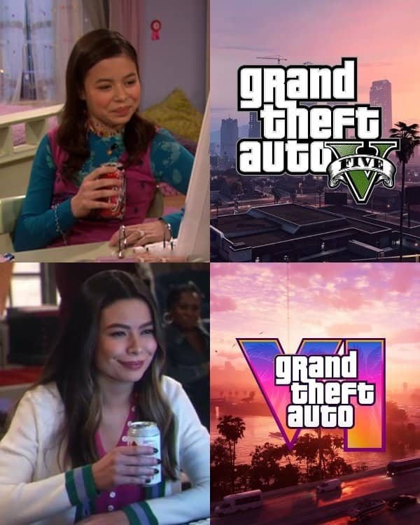 Meme of Miranda Cosgrove smiling as a kid playing GTA 5 and as an adult waiting for GTA 6.