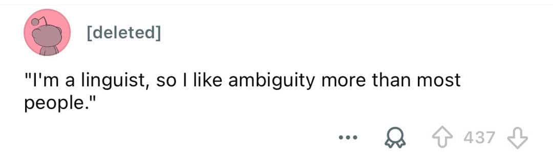 Screenshot of a text post featuring a clever linguistic joke about word ambiguity for intellectual memes.