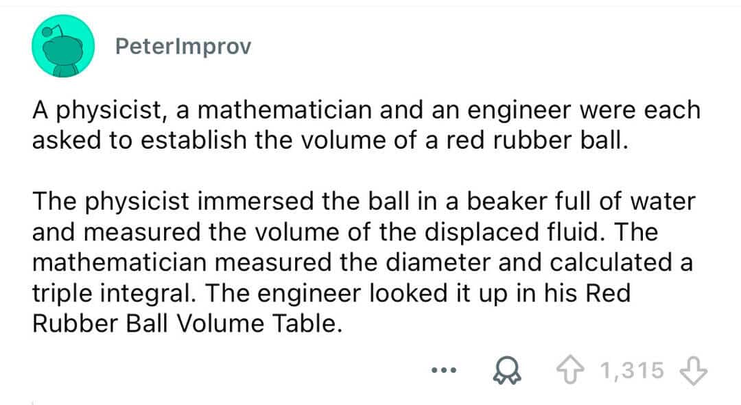 Text post joke about physicist mathematician and engineer calculating rubber ball volume in intellectual memes.