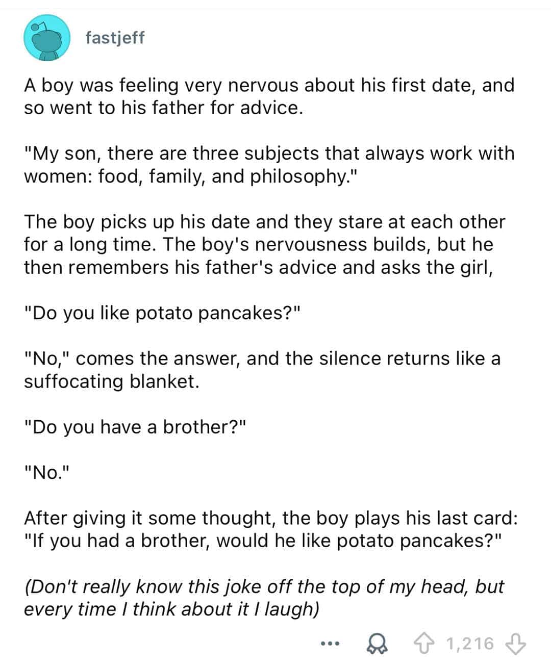 Funny text joke about first date conversation advice involving philosophy and potato pancakes in intellectual memes.