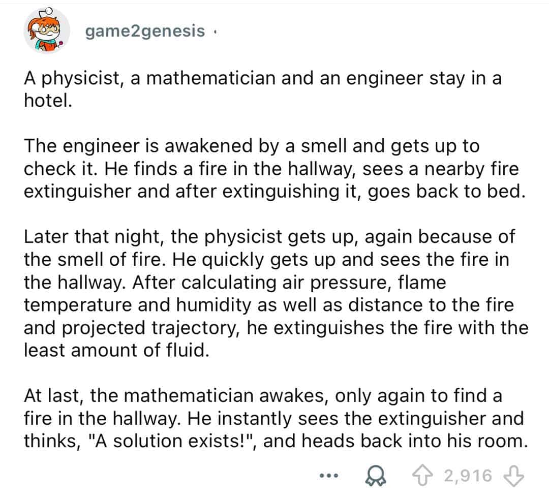 Humorous text story about engineer physicist and mathematician handling a fire in intellectual memes.