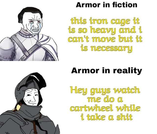 Wojak meme comparing fictional heavy plate armor with agile real-world historical knight armor capabilities.