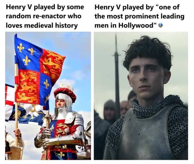 Meme comparing detailed historical re-enactor armor with grey cinematic Hollywood armor in film adaptations.