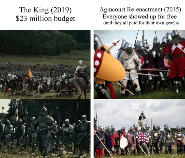 Comparison meme of high budget movie battle scenes with vibrant historical re-enactment field battles.