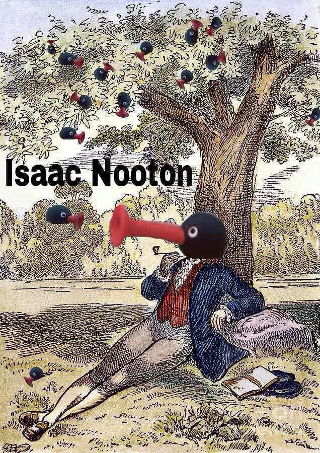 A surreal historical parody in this meme dump depicts "Isaac Nooton" sitting under an apple tree as dozens of claymation Pingu heads with red trumpet beaks rain down around him.