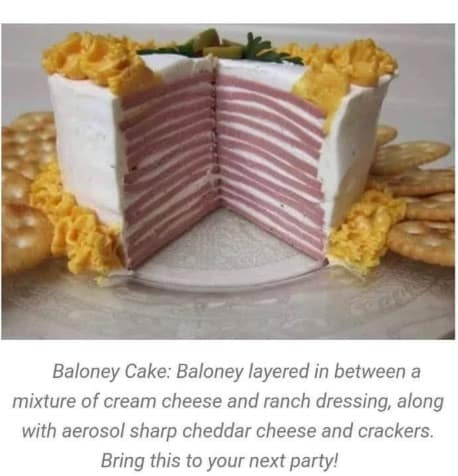 A horrifying culinary meme dump recipe card reveals a cross-section view of a savory party appetizer labeled as a "Baloney Cake." The food item consists of dozens of layers of cold-cut bologna held together with a mixture of cream cheese and ranch dressing, frosted with white icing, decorated with spray-cheese rosettes, and served with round crackers.