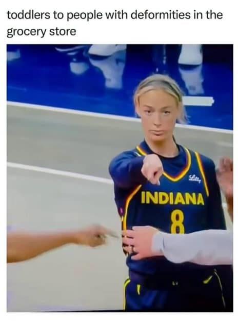 Capturing a look of intense, unblinking focus, this meme dump features a screen grab of an Indiana Fever WNBA basketball player pointing directly at someone on the court with a completely deadpan facial expression. The relatable top text accurately labels the vibe: "toddlers to people with deformities in the grocery store."