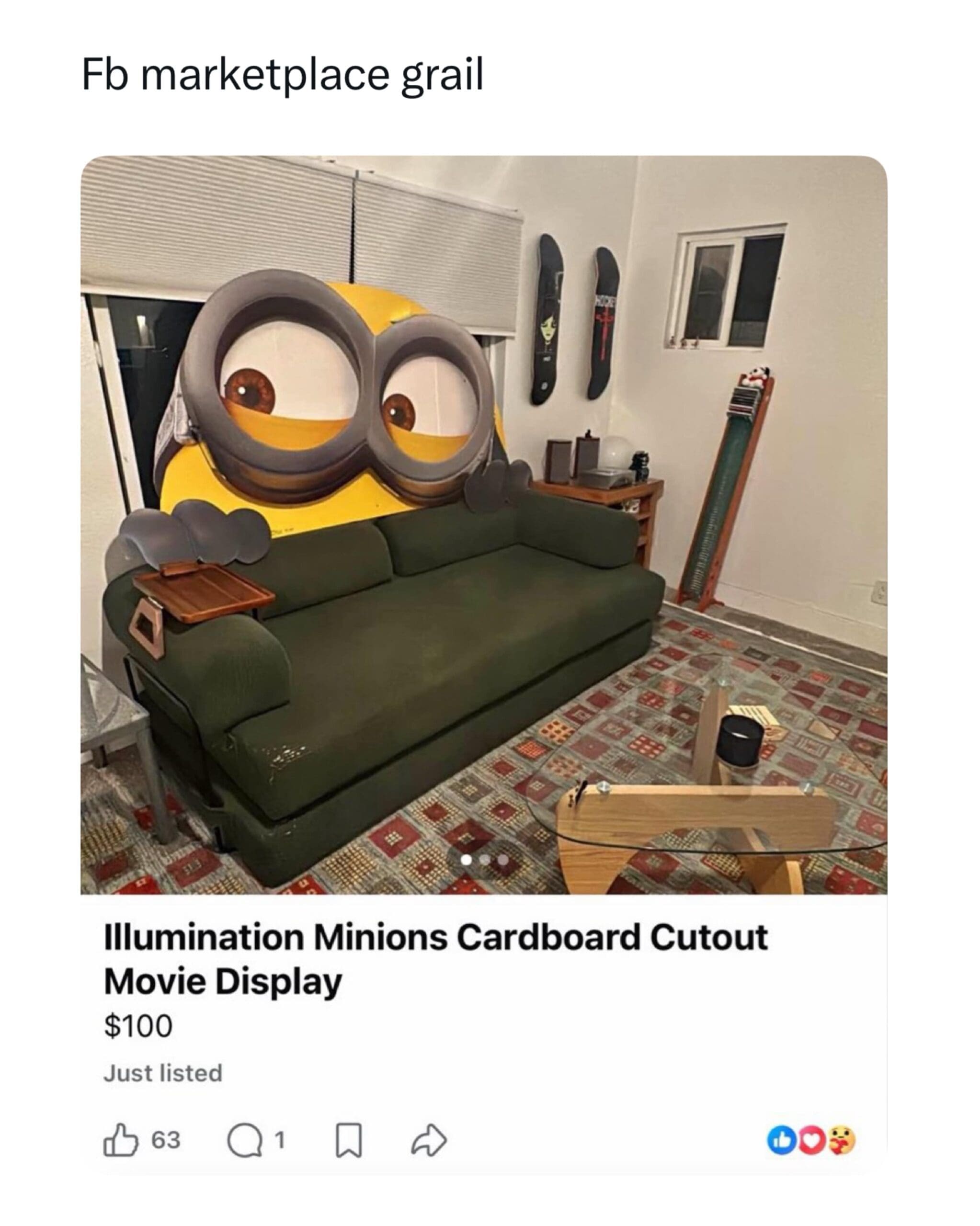 An interior design nightmare in this meme dump highlights a Facebook Marketplace listing for a $100 giant Minion cardboard cutout placed directly behind a living room sofa like a lurking monster.