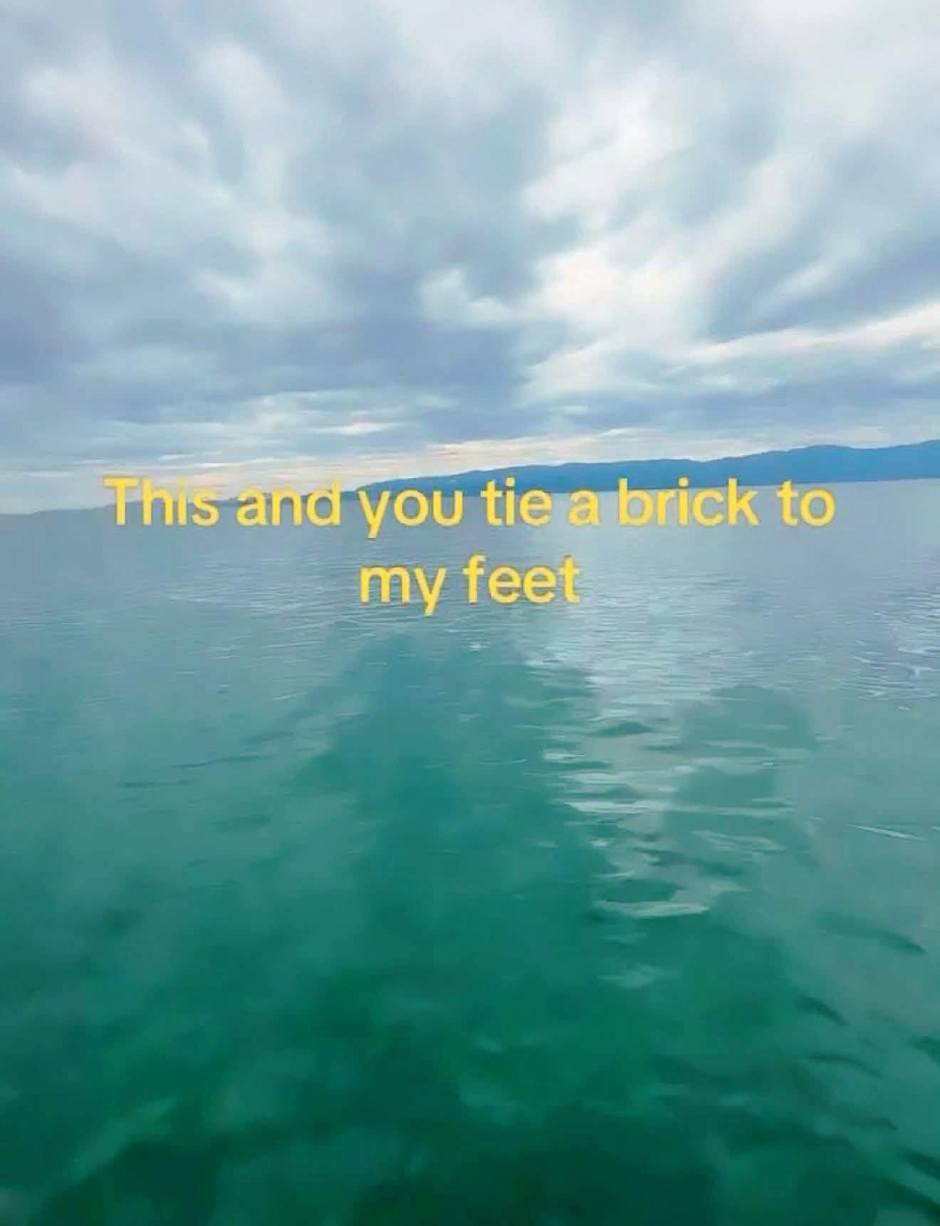 A dark humor tranquility post in this meme dump overlays text requesting someone tie a brick to their feet on top of a serene, crystal-clear turquoise ocean view.