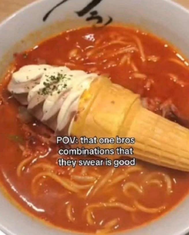 An upsetting food combination meme dump captures a first-person perspective of a deep white bowl filled with hot, spicy red ramen noodles. Dropped directly into the center of the savory soup broth is an entire vanilla soft-serve ice cream waffle cone, under the caption: "POV: that one bros combinations that they swear is good."